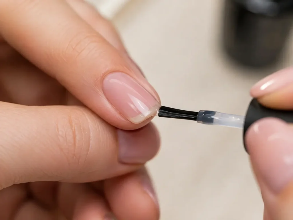 How to Make Gel Polish Last Longer: 10 Mistakes That Cause Early Peeling 6 Nail brush applying gel polish across the free edge of a fingernail