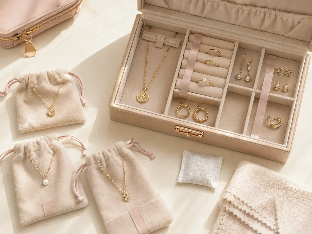 Gold-plated jewelry stored in anti-tarnish pouches and a jewelry organizer