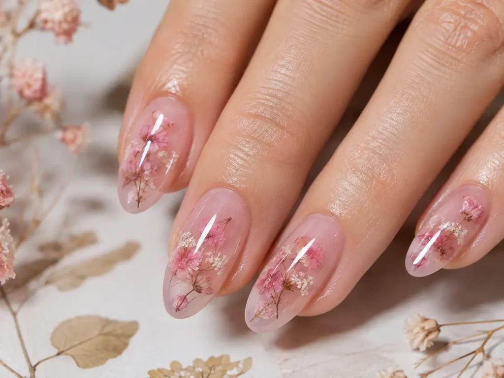 Pink Flower Nail Designs: 20 Pretty Ideas for 2026 12 Translucent jelly pink nails with tiny encapsulated dried flowers