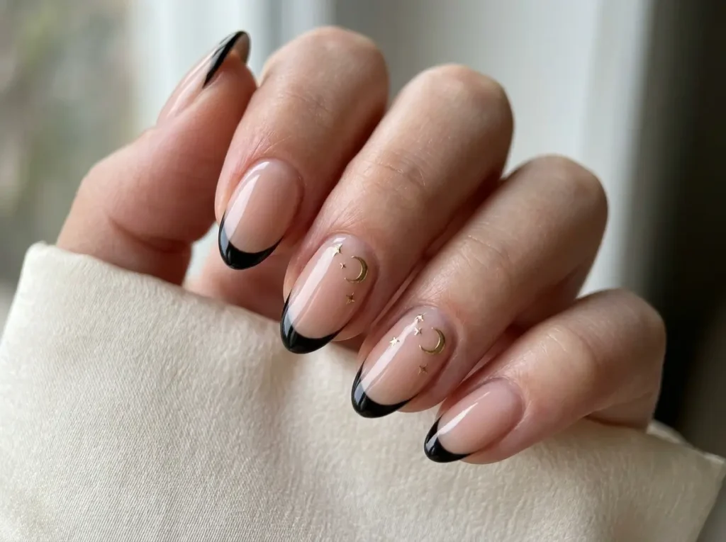 15 Classy Halloween Nails That Look Expensive (Short, Black & Almond) 2 Jet-black micro French tip Halloween nails on short almond nails with tiny gold stars
