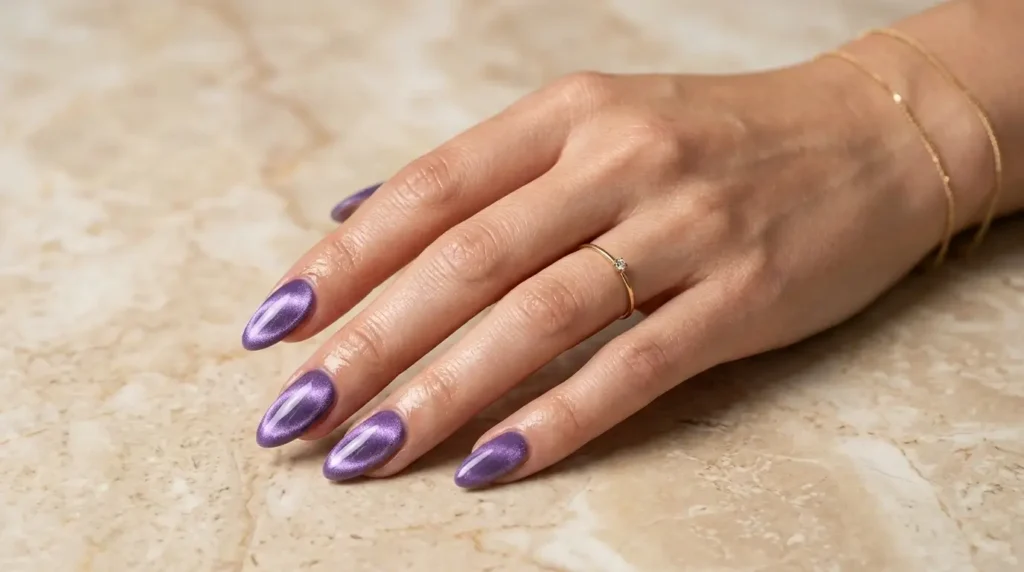Lavender velvet cat eye nails with a soft purple magnetic shimmer and glossy almond shape.