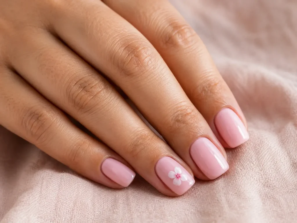 Pink Flower Nail Designs: 20 Pretty Ideas for 2026 2 Light pink nails with a single white flower accent on the ring finger