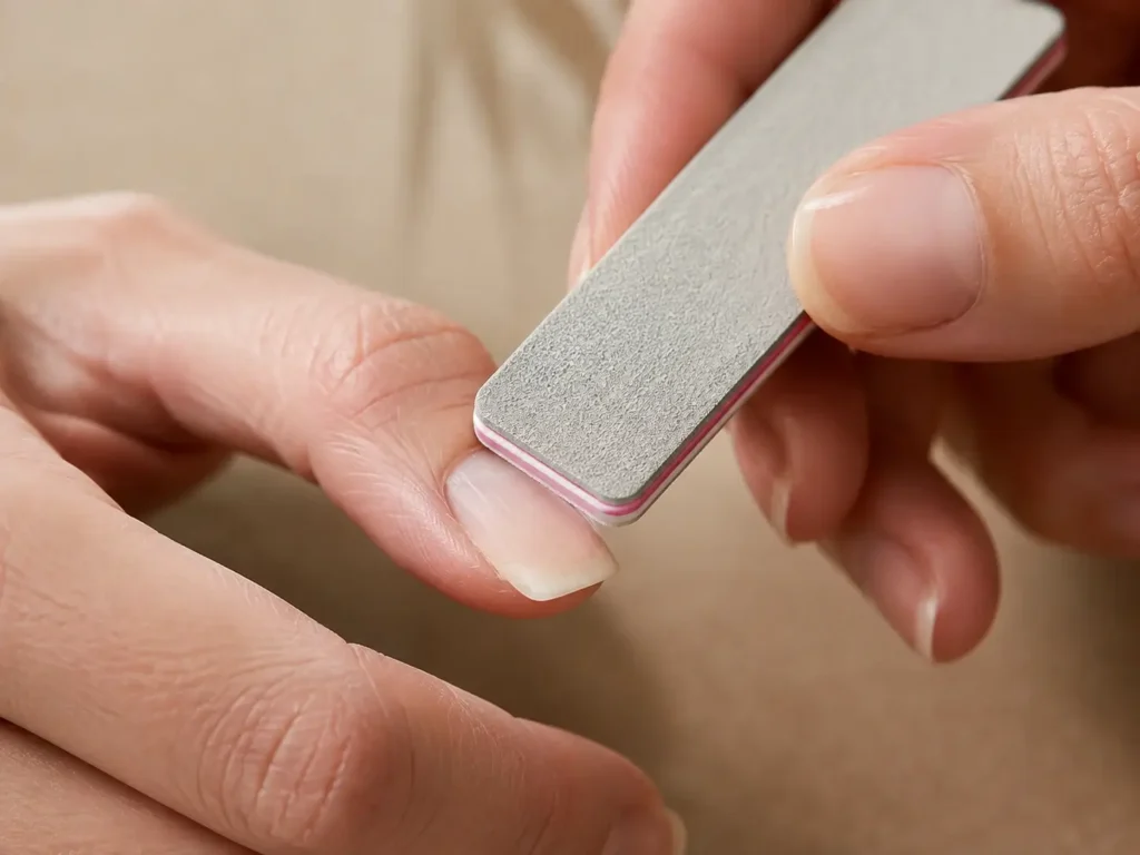 Lightly buffing the natural nail surface before applying gel polish