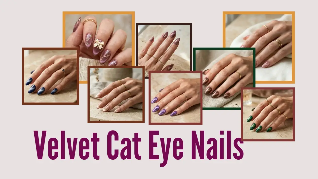 Luxury mauve velvet cat eye nails with soft magnetic shimmer, delicate gold swirl accents, and elegant almond-shaped manicure in natural light.