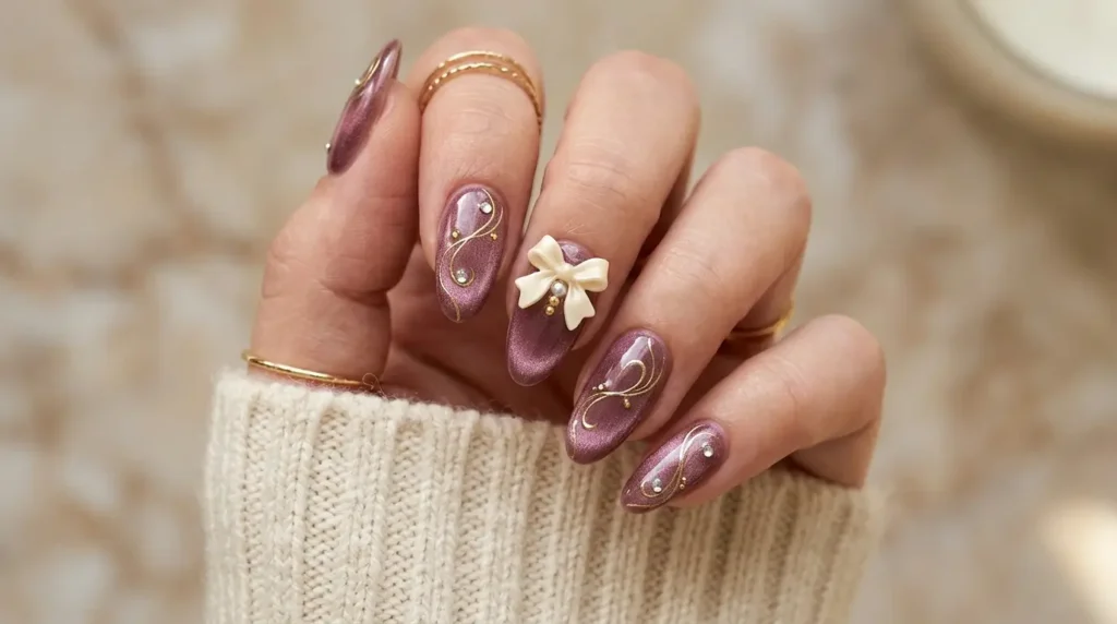 Luxury mauve velvet cat eye nails with gold swirl accents and a delicate bow charm.