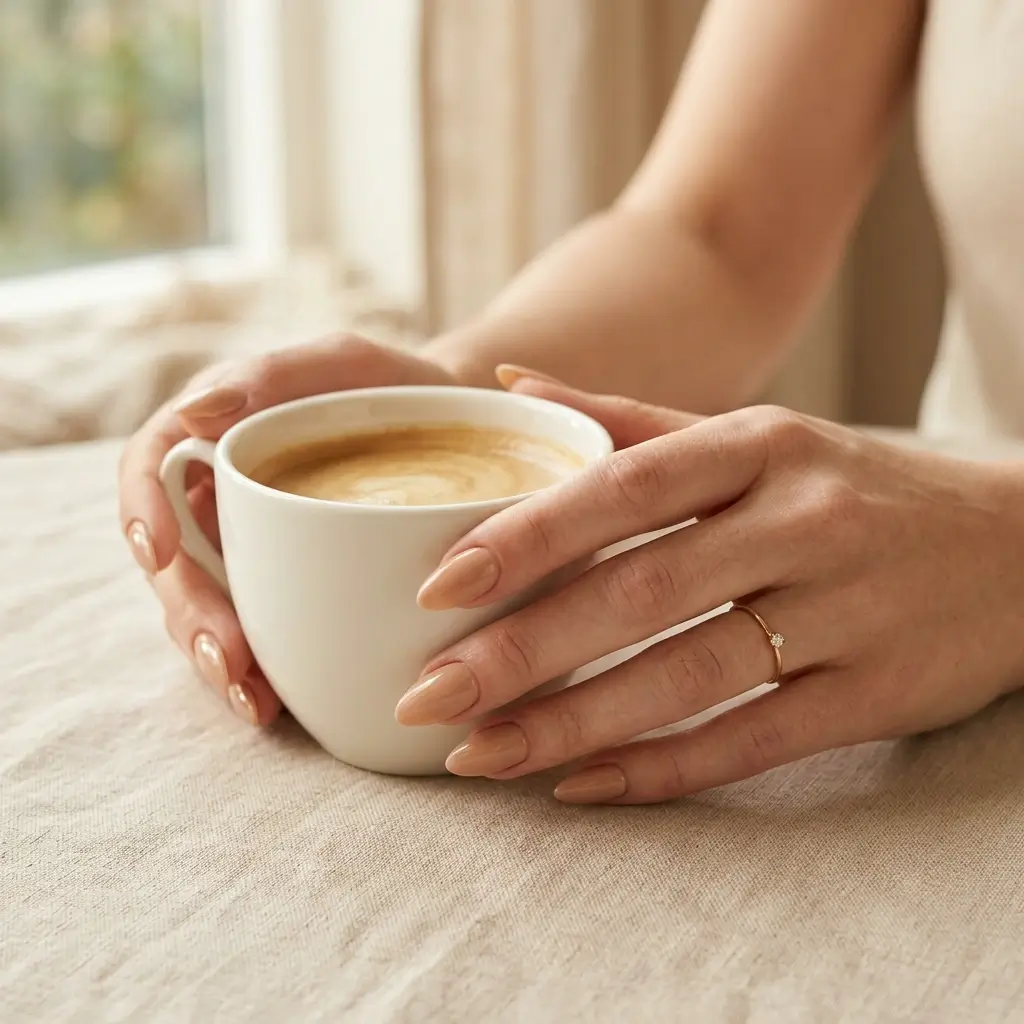 Woman holding a coffee cup with glossy nude almond press-on nails