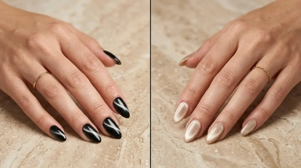 Side-by-side comparison of classic cat eye nails with a sharp magnetic line and velvet cat eye nails with a soft diffused shimmer.