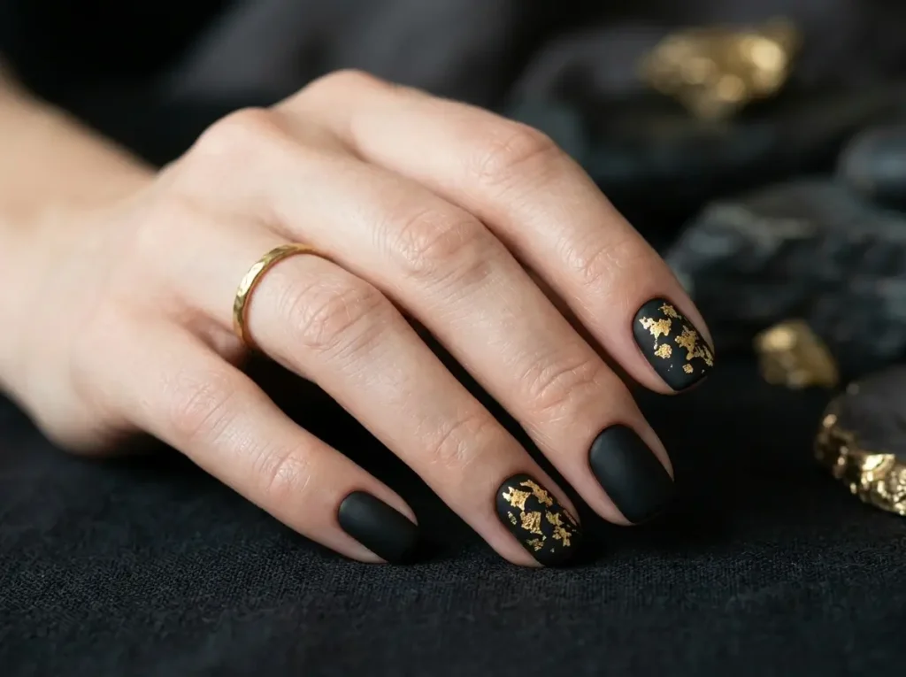 15 Classy Halloween Nails That Look Expensive (Short, Black & Almond) 5 Matte black Halloween nails with small antique gold foil accents on short nails
