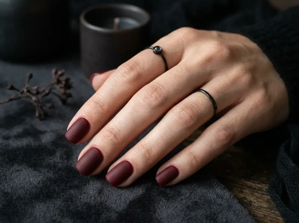 20 Spooky Nail Designs for Halloween 2026: Creepy, Dark & Haunting Ideas 2 matte oxblood red spooky Halloween nails on short squoval nails
