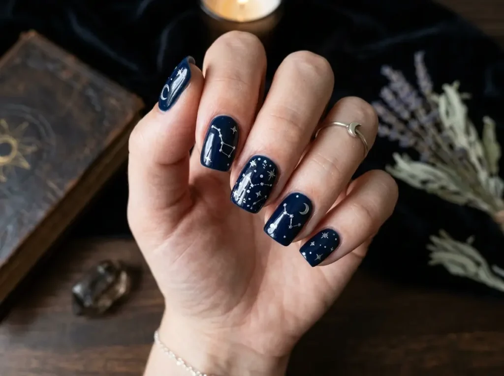 15 Classy Halloween Nails That Look Expensive (Short, Black & Almond) 11 Midnight navy Halloween nails with delicate silver stars, moons, and constellation details