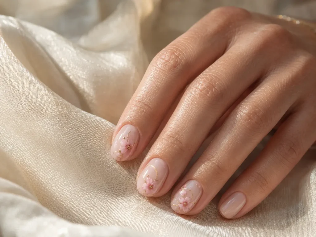 Pink Flower Nail Designs: 20 Pretty Ideas for 2026 7 Milky pink nails with delicate pink flowers and fine gold details