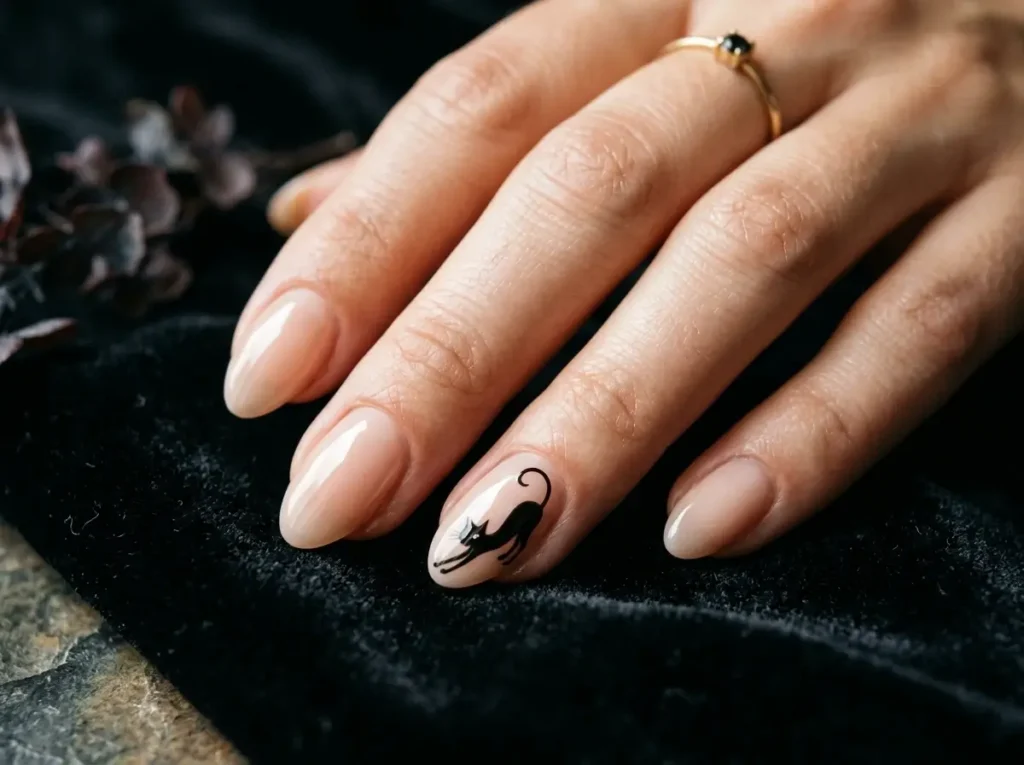 15 Classy Halloween Nails That Look Expensive (Short, Black & Almond) 13 Short almond Halloween nails with a minimalist black cat silhouette on a nude accent nail