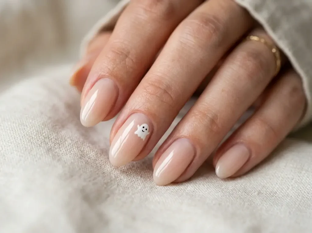 15 Classy Halloween Nails That Look Expensive (Short, Black & Almond) 7 Short almond Halloween nails with a tiny white ghost on a sheer nude base