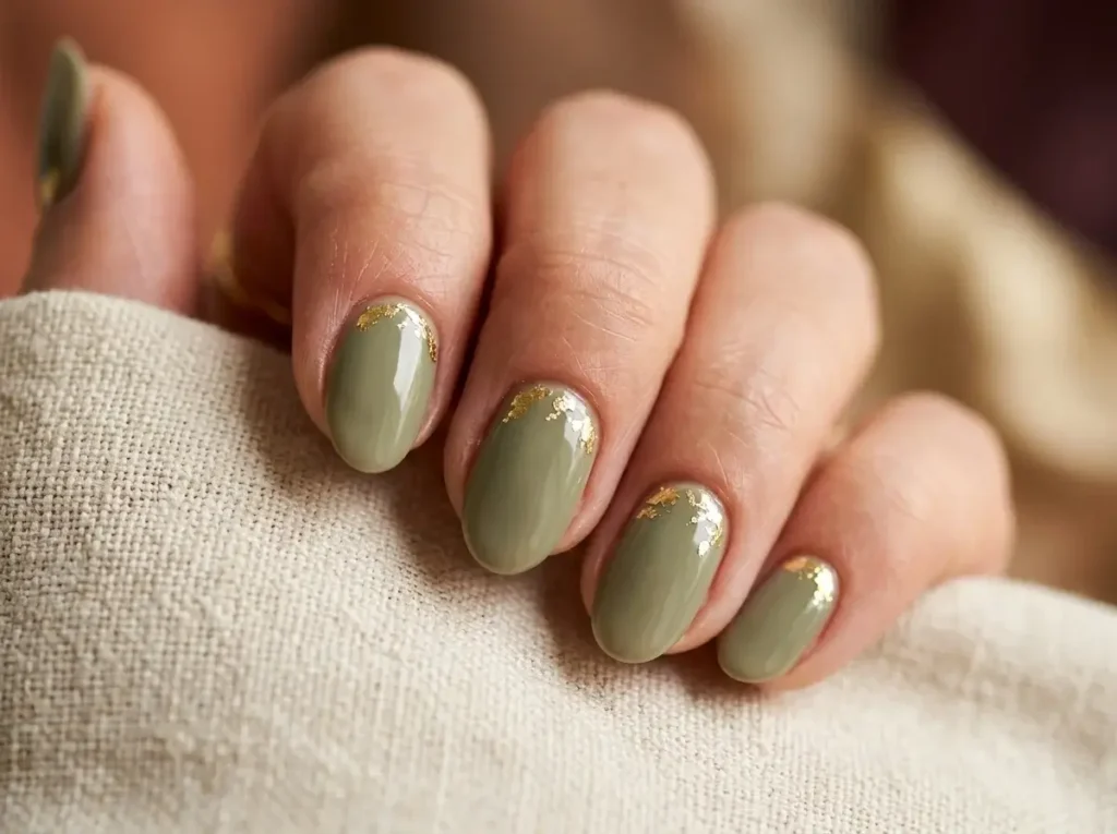 15 Trendy Fall Nail Designs You Need to Try in 2026 (Classy & Cozy Inspo) 6 Muted Olive Green Gold Leaf Elegance 1