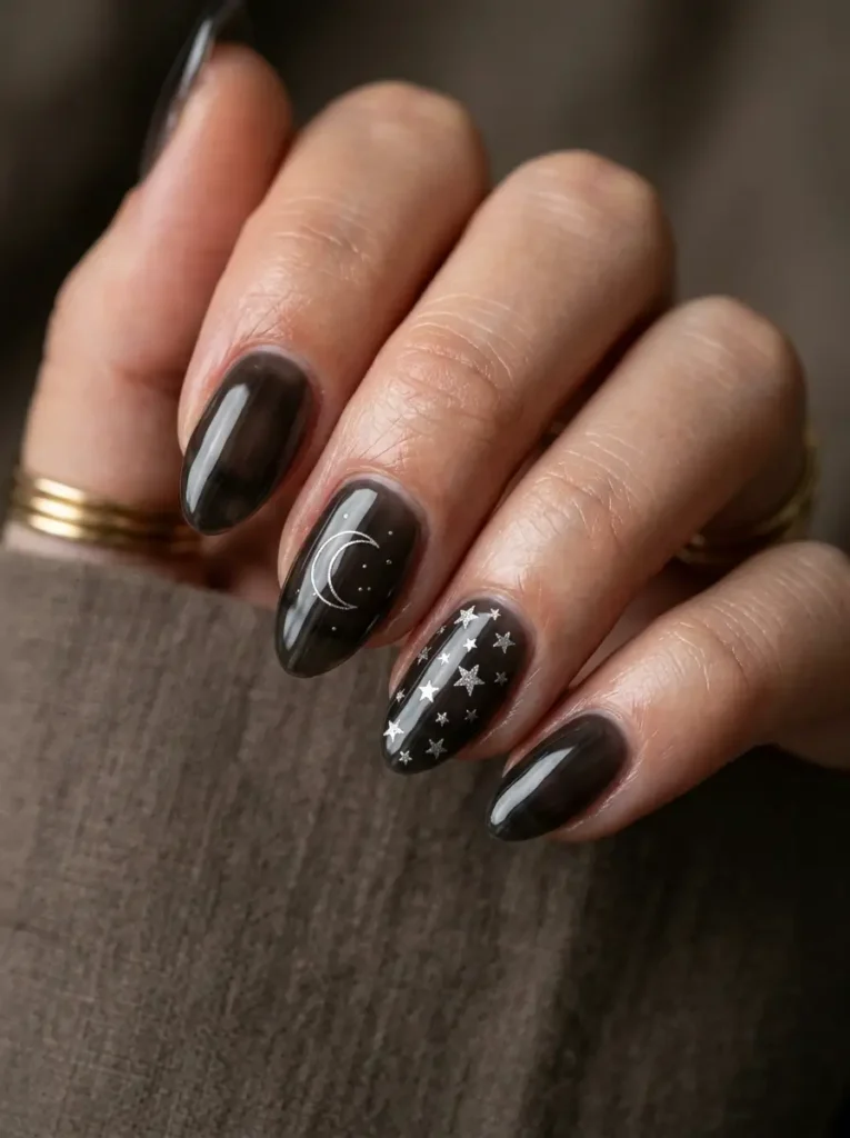 Halloween Nails 2026: 30+ Cute, Classy & Spooky Designs 20 sheer black jelly Halloween nails with minimalist stars