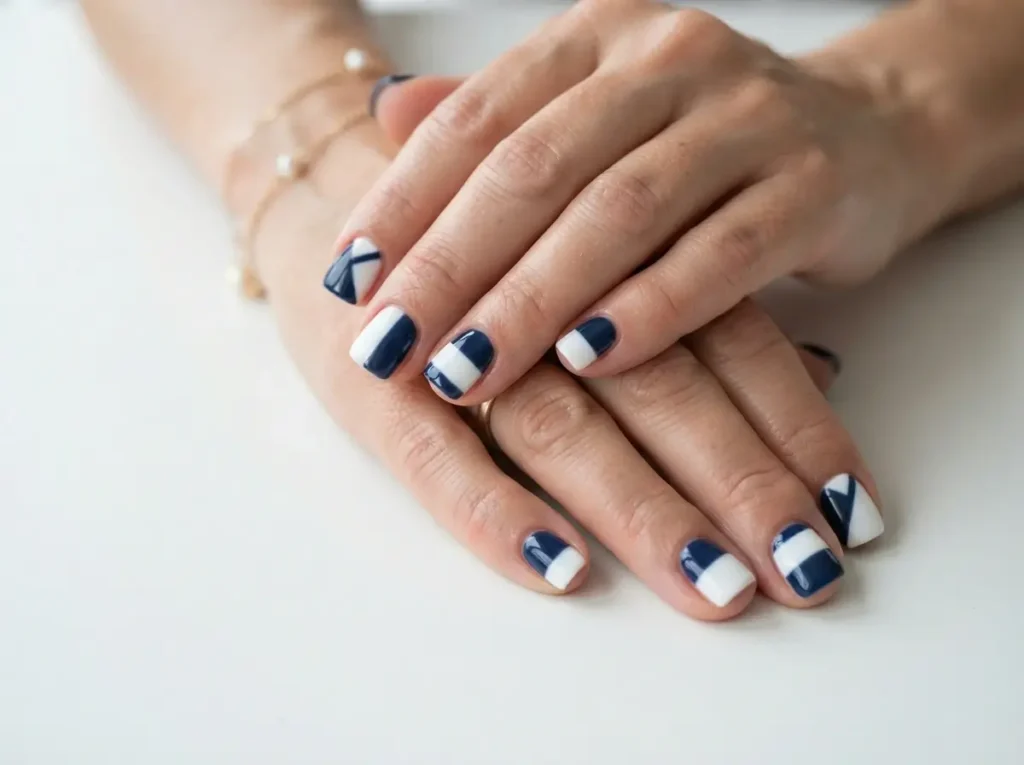 Back to School Nails 2026: 15 Cute & School-Friendly Ideas 14 Navy and white color-block nails with a clean preppy back-to-school design.