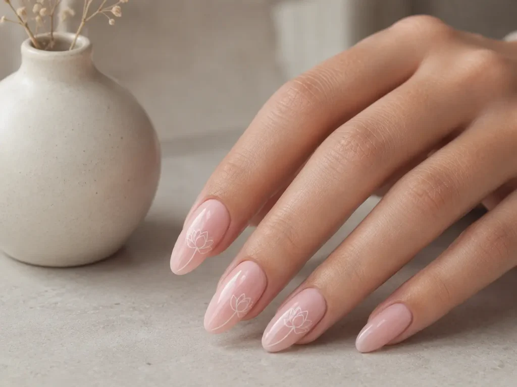 Pink Flower Nail Designs: 20 Pretty Ideas for 2026 11 Pastel pink nails with delicate white lotus flower line art