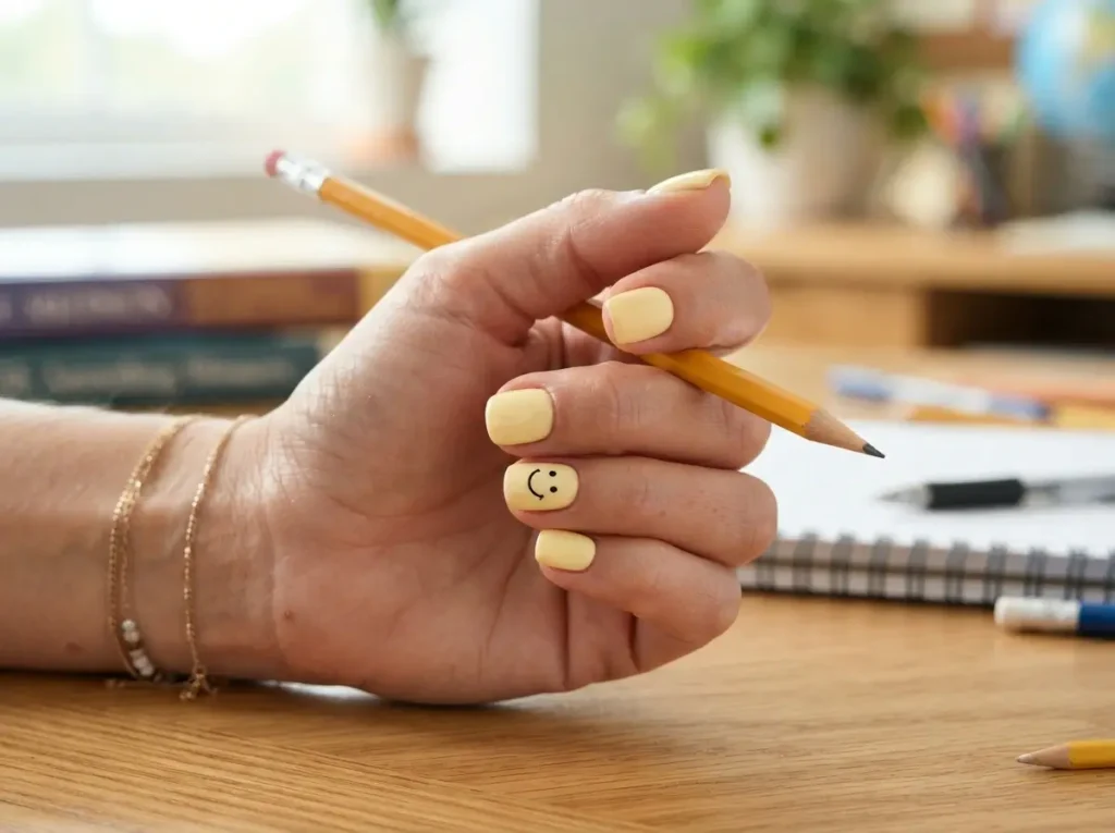 Back to School Nails 2026: 15 Cute & School-Friendly Ideas 12 Pastel yellow nails with a small smiley face accent for a playful school manicure.