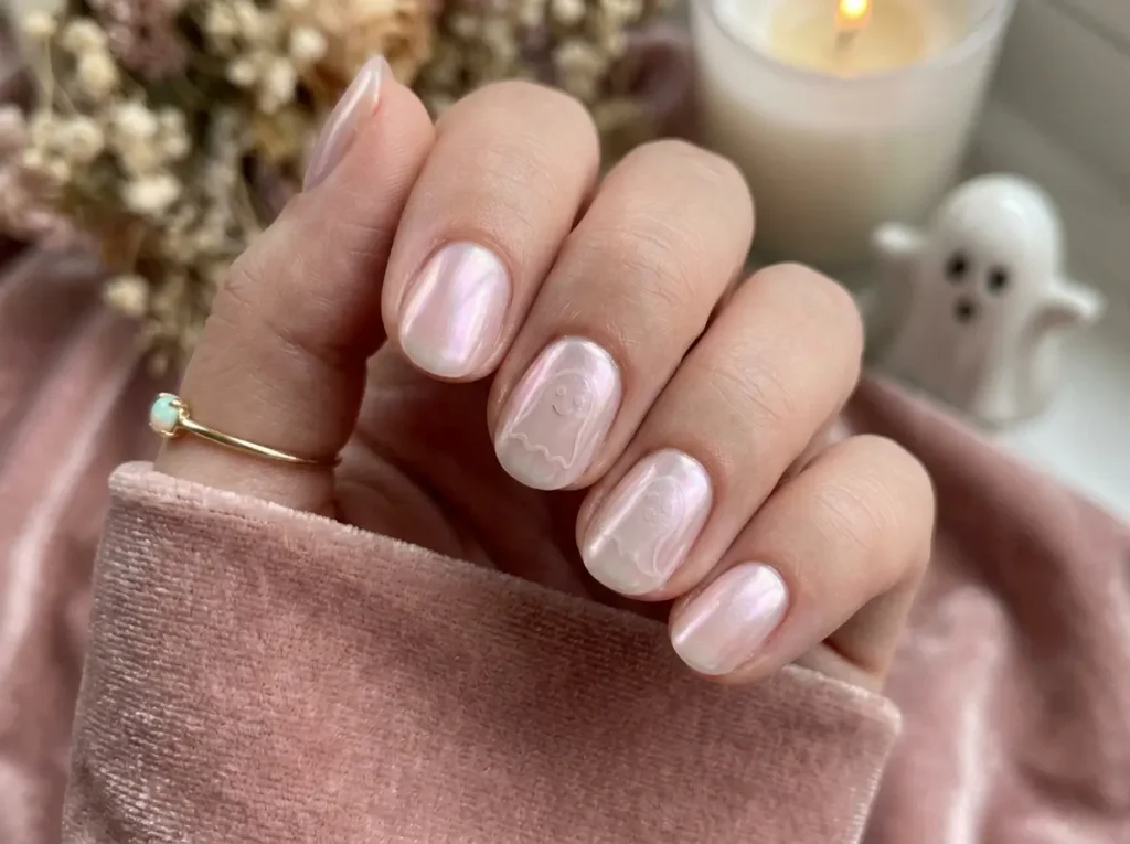 15 Classy Halloween Nails That Look Expensive (Short, Black & Almond) 15 Pearlescent glazed Halloween nails with subtle white ghost outlines on a milky base