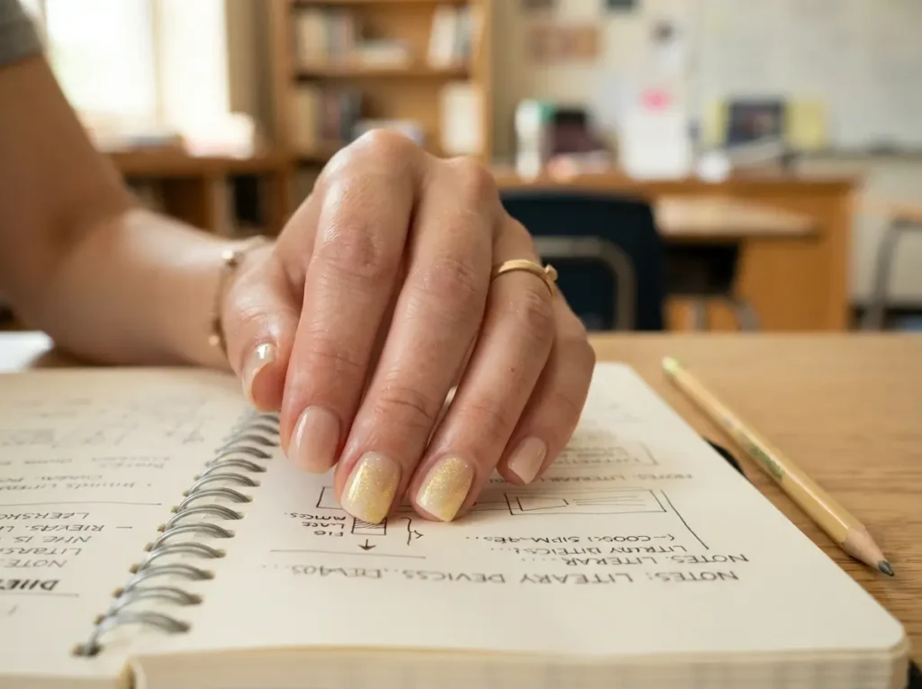 Back to School Nails 2026: 15 Cute & School-Friendly Ideas 15 Neutral nails with yellow glitter accent nails inspired by school pencils.