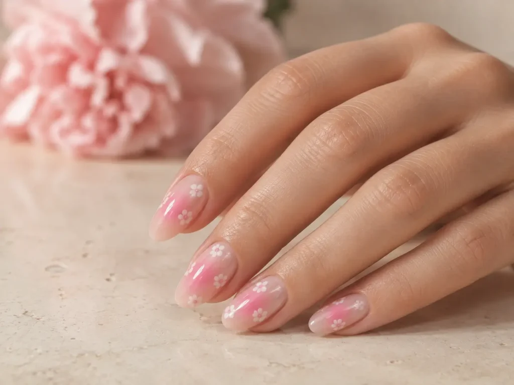 Pink Flower Nail Designs: 20 Pretty Ideas for 2026 9 Pink aura nails with delicate floating white flower accents