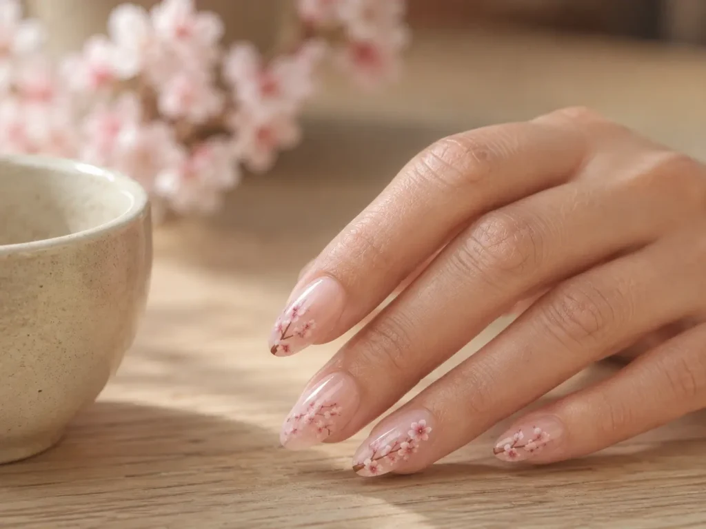 Pink Flower Nail Designs: 20 Pretty Ideas for 2026 5 Delicate pink cherry blossom nail art on sheer almond nails