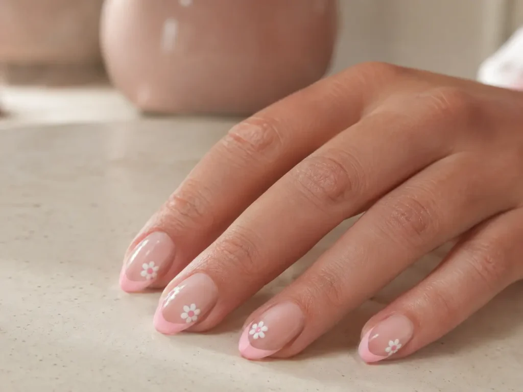 Pink Flower Nail Designs: 20 Pretty Ideas for 2026 1 Pink French tip nails with tiny white flowers on an almond shape