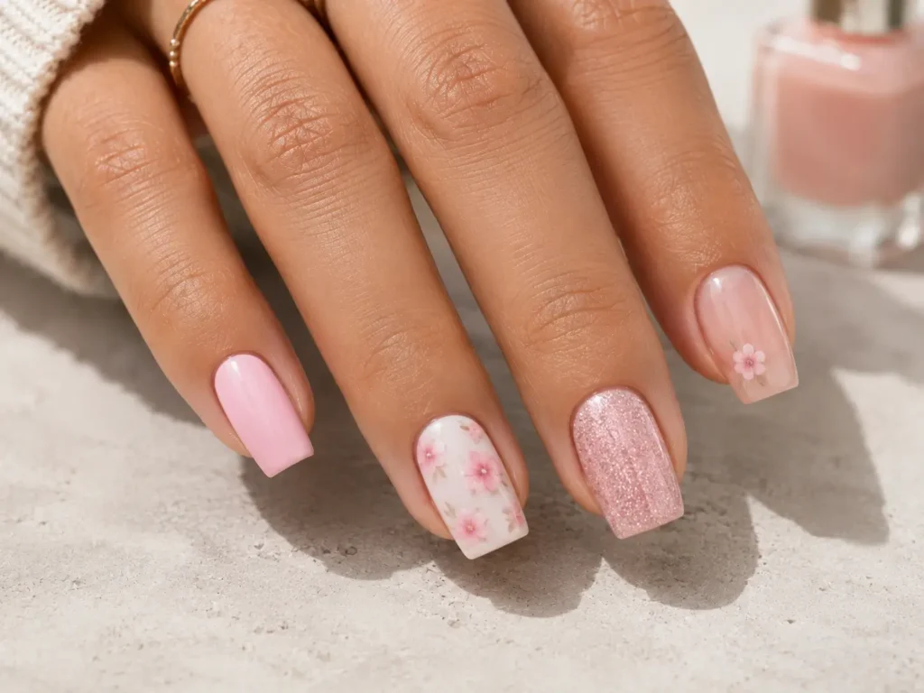 Pink Flower Nail Designs: 20 Pretty Ideas for 2026 16 Mix and match pink nails with French tips, flowers and glitter accents