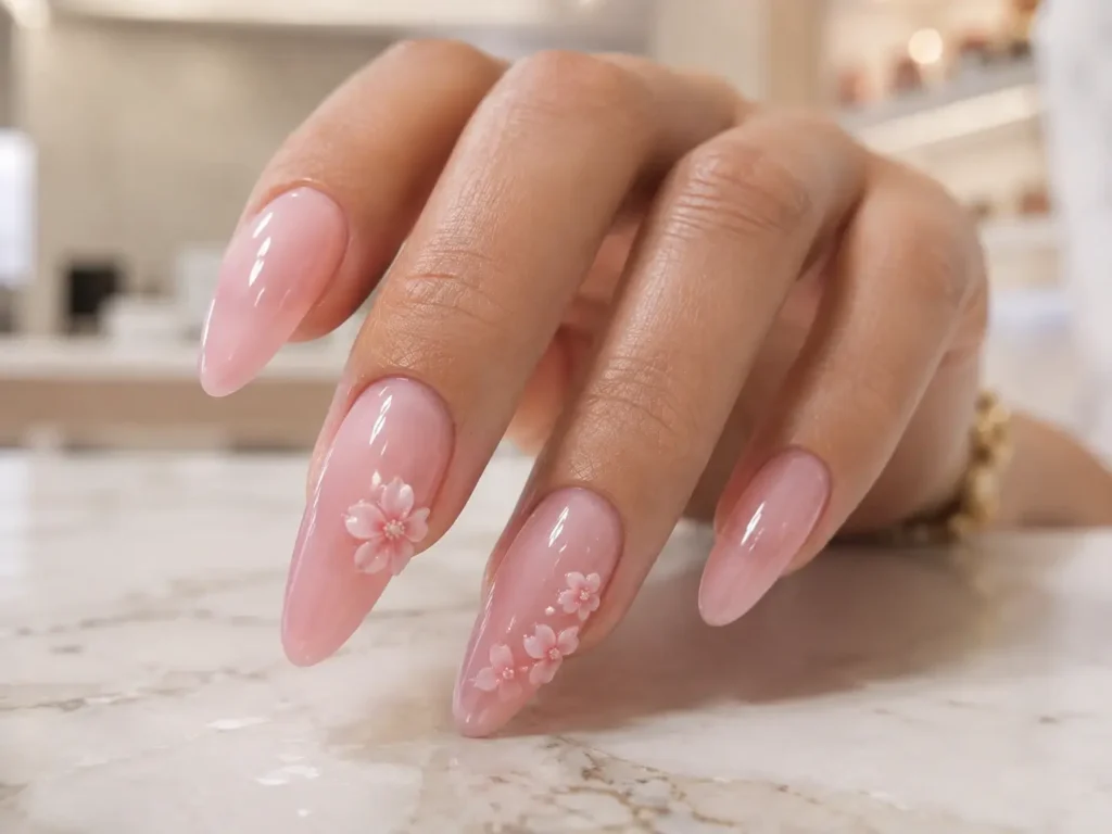 Pink Flower Nail Designs: 20 Pretty Ideas for 2026 3 Light pink almond nails with raised 3D sculpted flowers