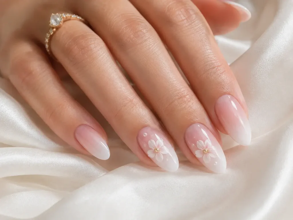 Pink Flower Nail Designs: 20 Pretty Ideas for 2026 14 Pink ombre nails with delicate flowers and pearl centers