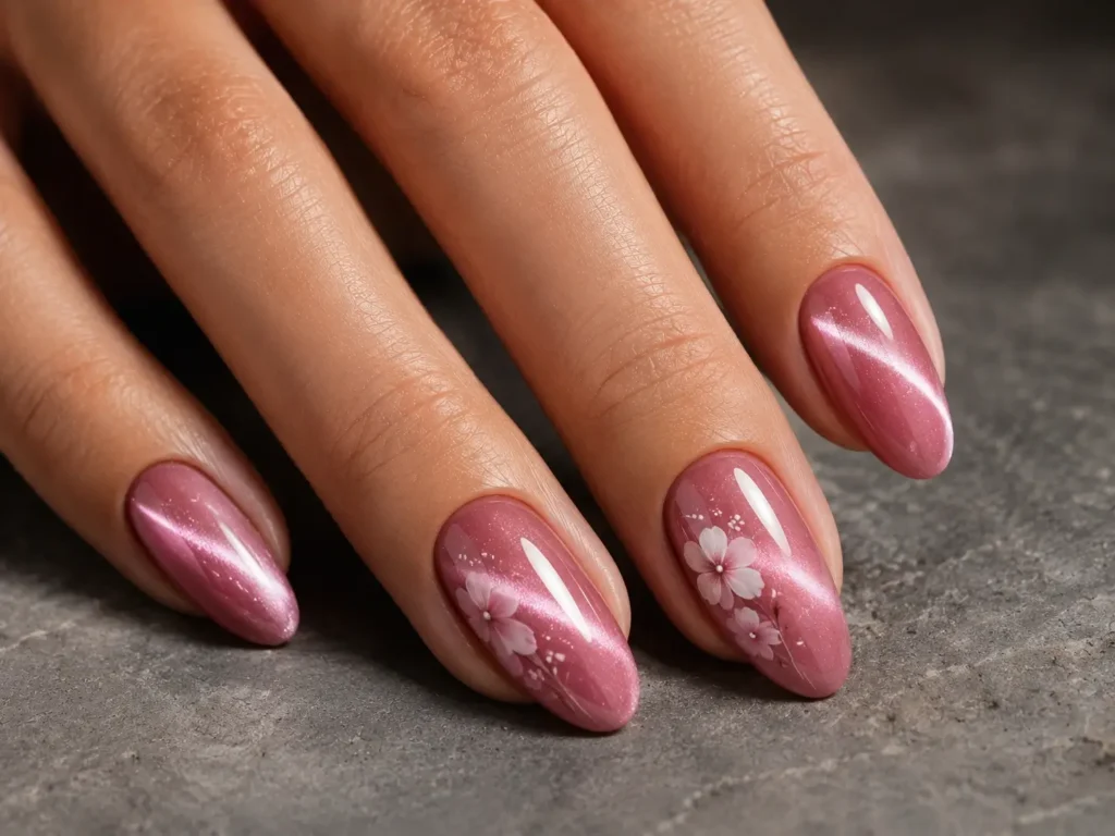 Pink Flower Nail Designs: 20 Pretty Ideas for 2026 18 Pink velvet cat-eye nails with glossy white floral accents