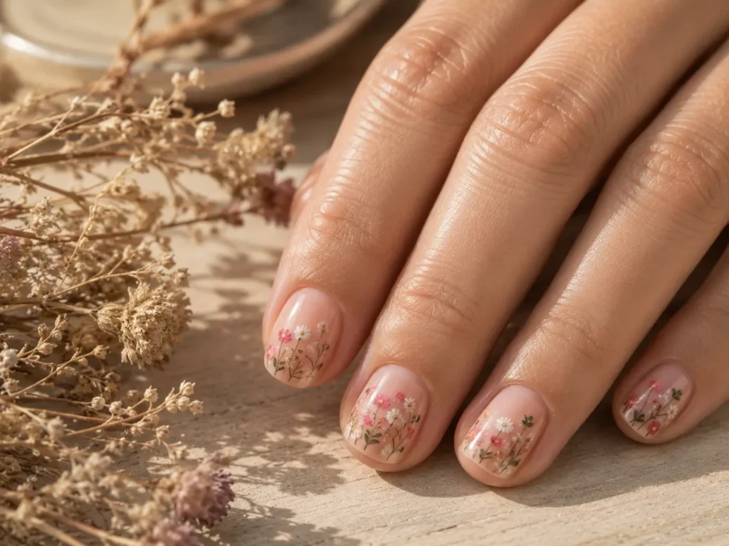 Pink Flower Nail Designs: 20 Pretty Ideas for 2026 17 Short pink wildflower meadow nail art with tiny hand-painted flowers