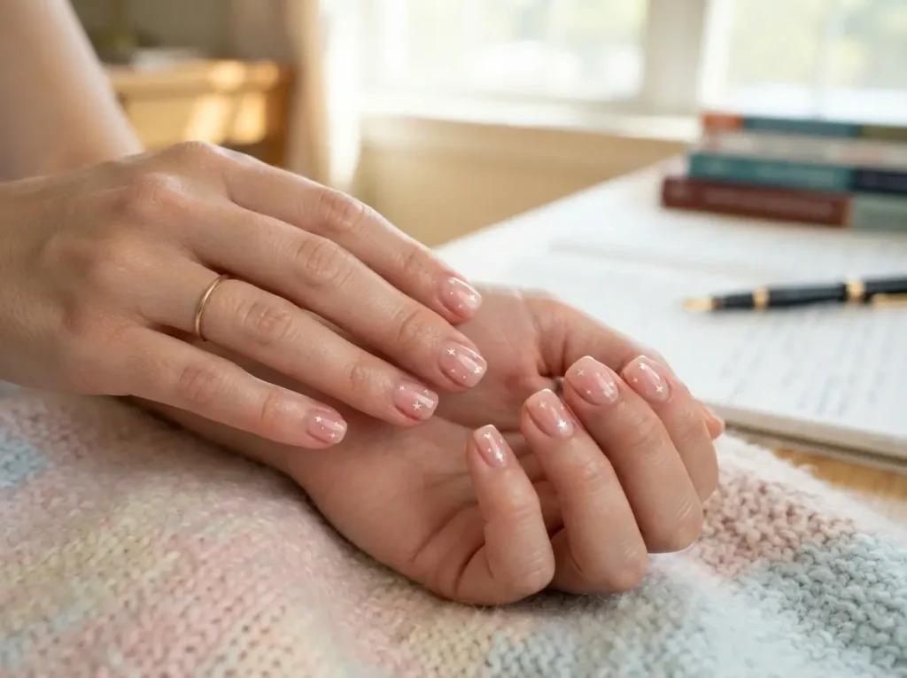 Back to School Nails 2026: 15 Cute & School-Friendly Ideas 6 Sheer pink jelly nails decorated with tiny star accents for back to school.