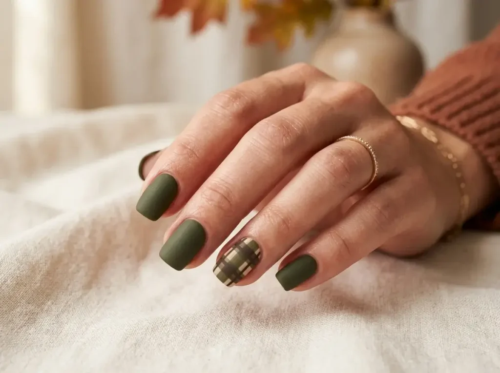 15 Trendy Fall Nail Designs You Need to Try in 2026 (Classy & Cozy Inspo) 8 Soft square nails featuring a matte olive green brown and cream plaid pattern accent nail