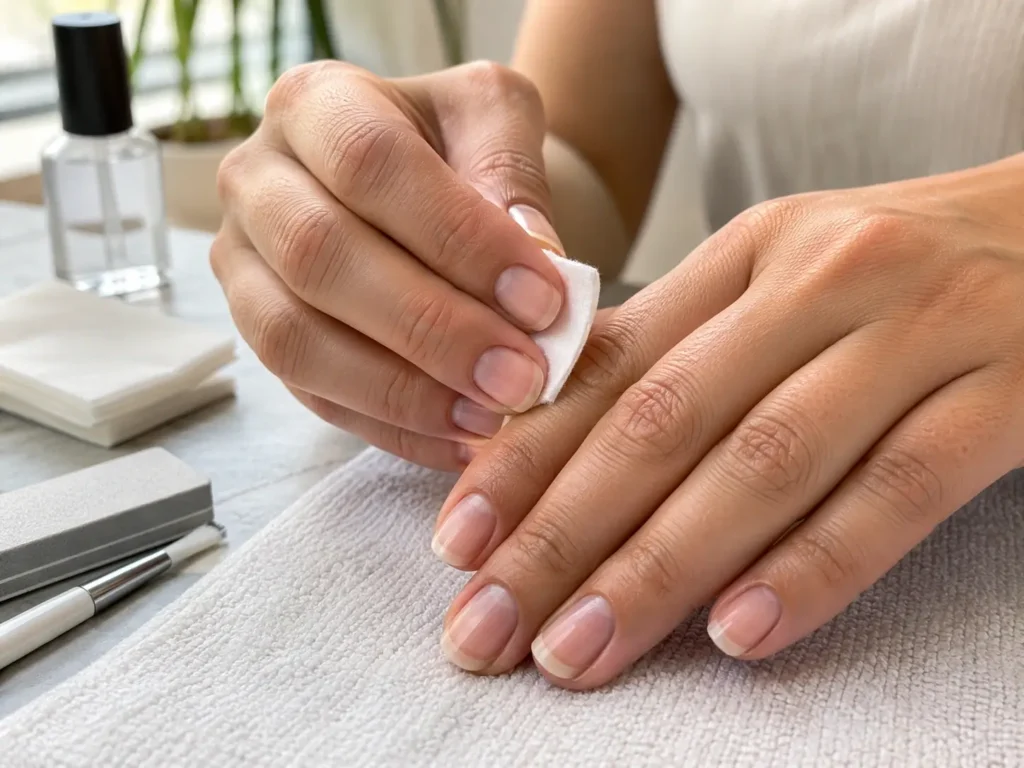 How to Make Gel Polish Last Longer: 10 Mistakes That Cause Early Peeling 2 Woman preparing a clean natural nail with a lint-free wipe before gel polish application