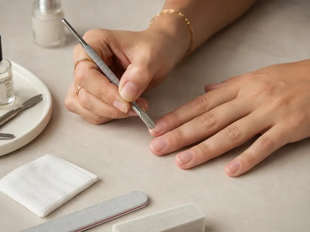 Preparing natural nails with a cuticle pusher before applying gel polish