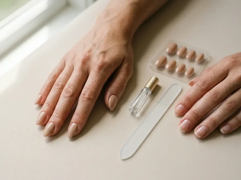 Nude press-on almond nails flat lay