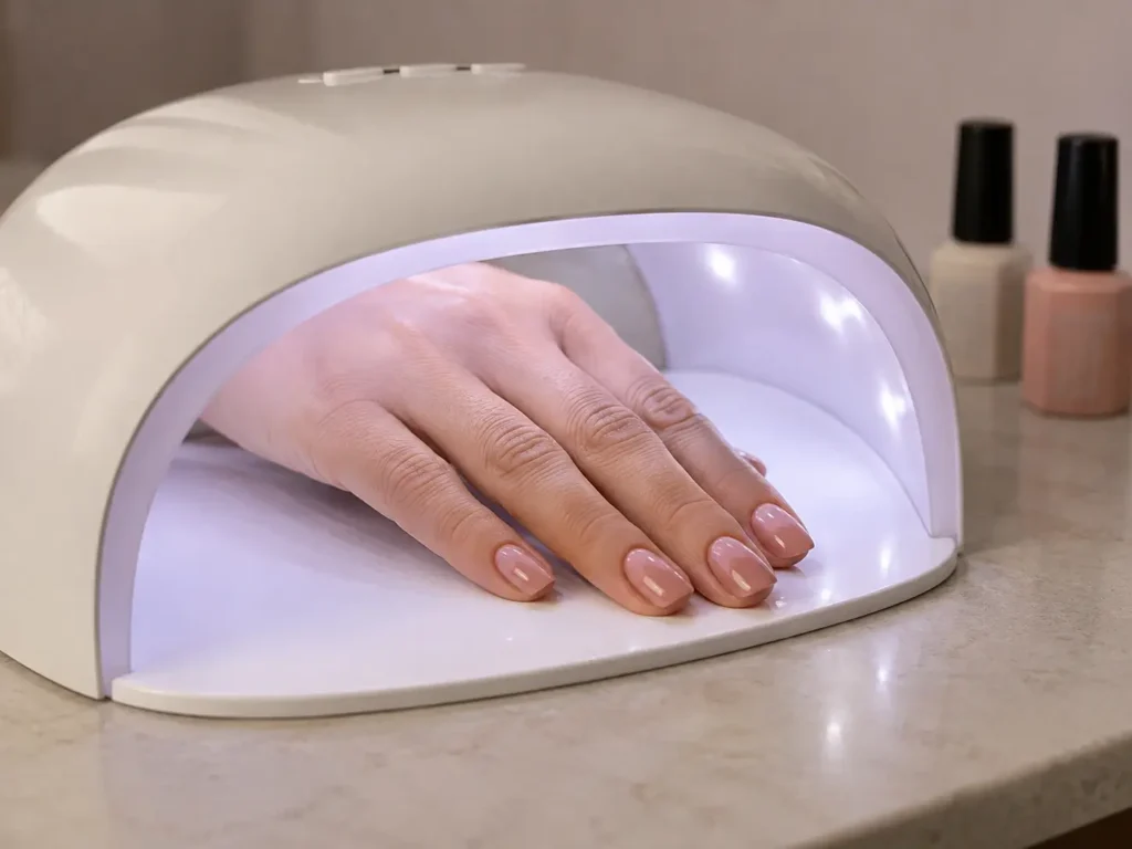 How to Make Gel Polish Last Longer: 10 Mistakes That Cause Early Peeling 4 Woman curing freshly applied gel polish under an LED nail lamp