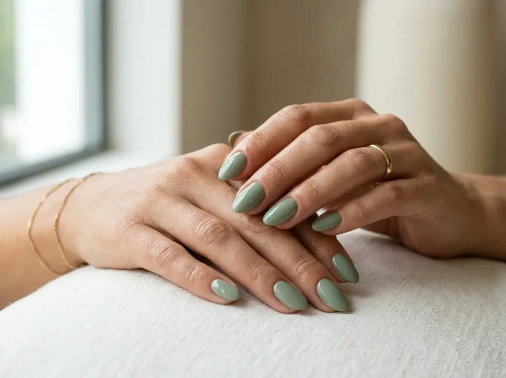 Short almond nails painted in glossy sage green polish.