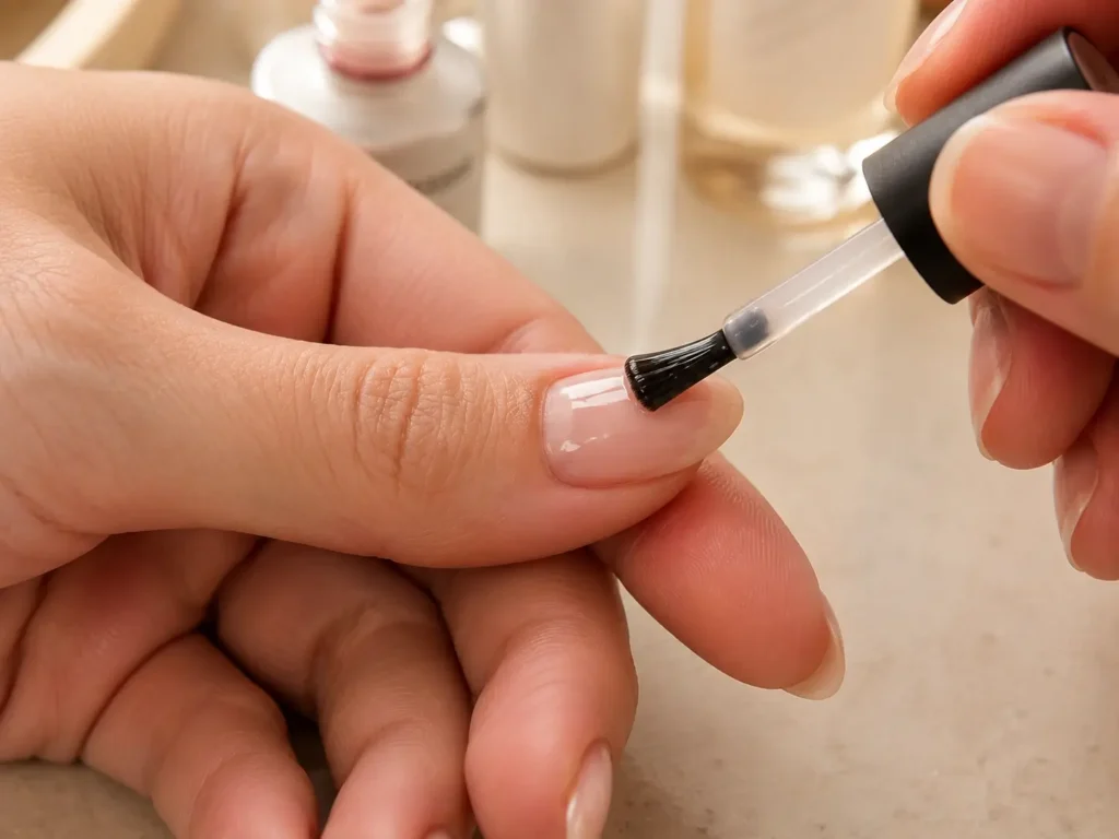 Applying a glossy gel top coat to seal a natural nail manicure