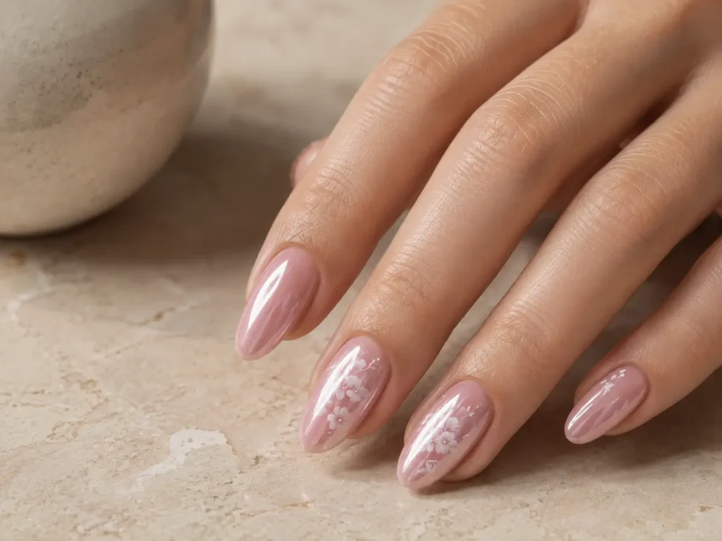 Pink Flower Nail Designs: 20 Pretty Ideas for 2026 15 Sheer pink chrome nails with delicate floral stamping