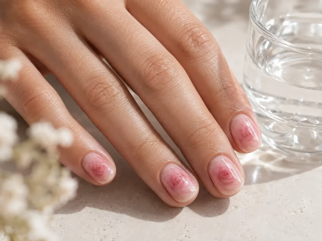 Pink Flower Nail Designs: 20 Pretty Ideas for 2026 4 Sheer pink nails with soft blooming-gel rose nail art