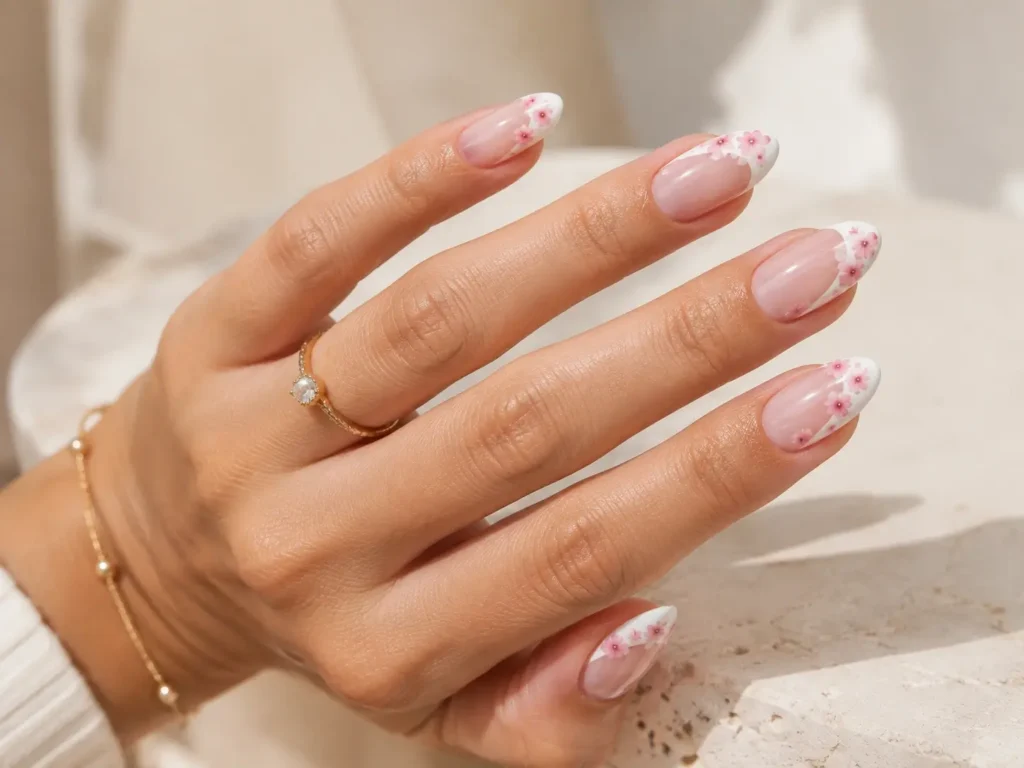 Pink Flower Nail Designs: 20 Pretty Ideas for 2026 20 Sheer pink nails with white side-swoop French tips and tiny pink flowers