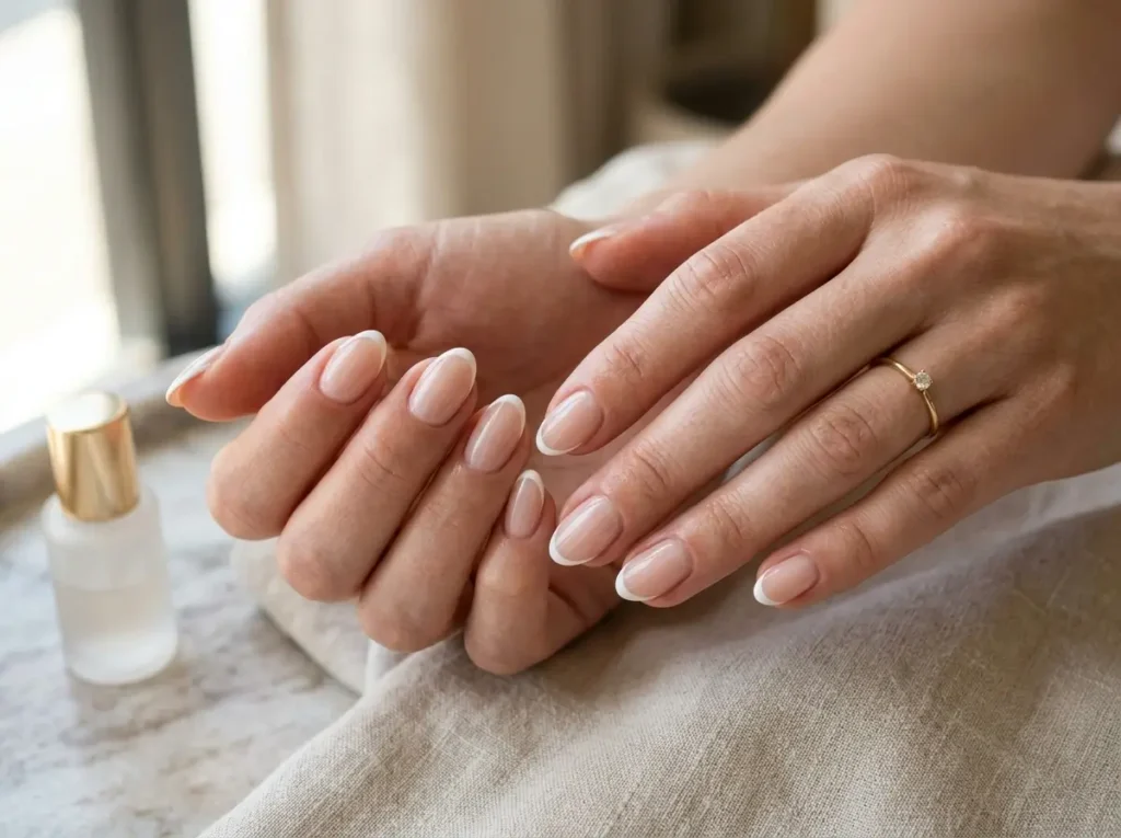 Short almond nails with micro French tips