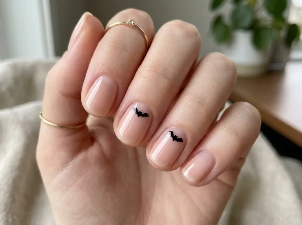 15 Classy Halloween Nails That Look Expensive (Short, Black & Almond) 16 short nude Halloween nails with tiny black bat details