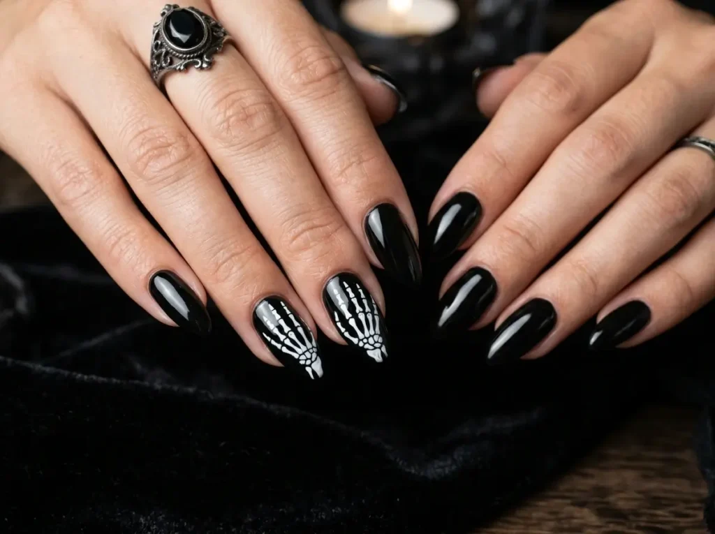 20 Spooky Nail Designs for Halloween 2026: Creepy, Dark & Haunting Ideas 6 spooky Halloween nails with white skeleton bone French tips