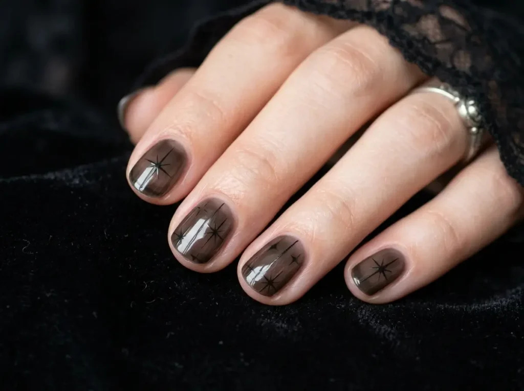 15 Classy Halloween Nails That Look Expensive (Short, Black & Almond) 9 Smoked black jelly Halloween nails with subtle starburst and moon details