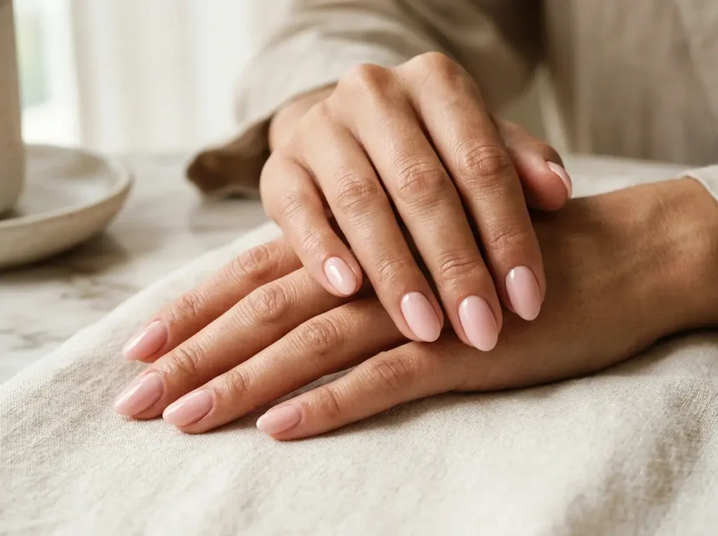 Soft pink almond nails on natural hands