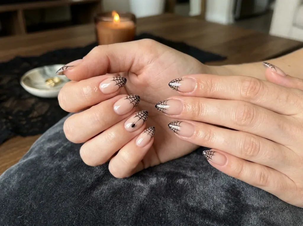 20 Spooky Nail Designs for Halloween 2026: Creepy, Dark & Haunting Ideas 10 short almond Halloween nails with delicate black spiderweb French tips