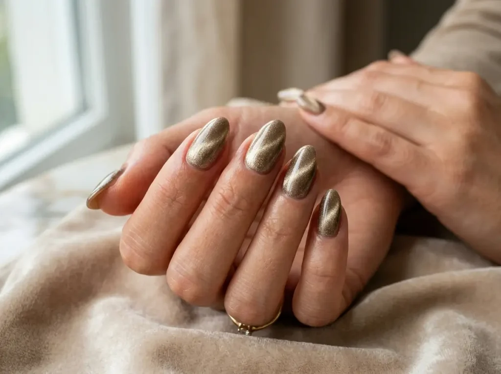 Velvet cat eye short almond nails